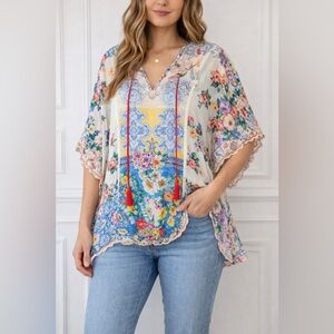 Johnny Was Floral Boho Tunic Top Mixed Print Silk Blend Scalloped Hem V-Neck XL